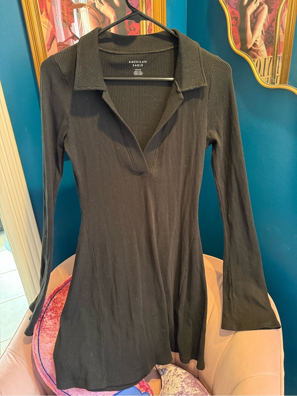 American Eagle Outfitters Black Ribbed V-Neck Long Sleeve Dress